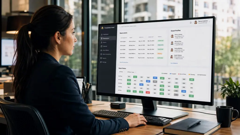 Hotel management team reviewing revenue and pricing analytics on a digital dashboard