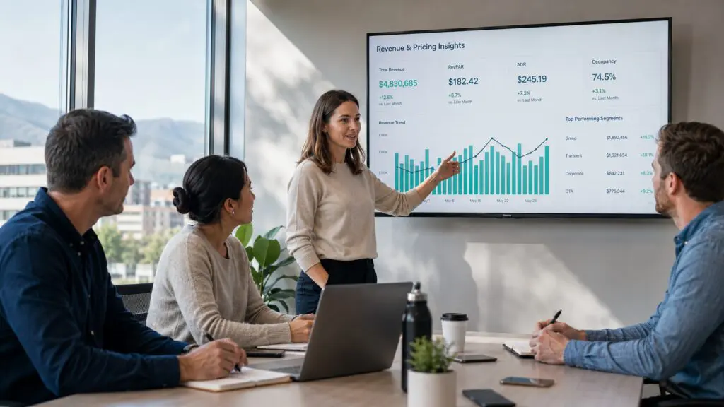 Hotel management team reviewing revenue and pricing analytics on a digital dashboard during a meeting.