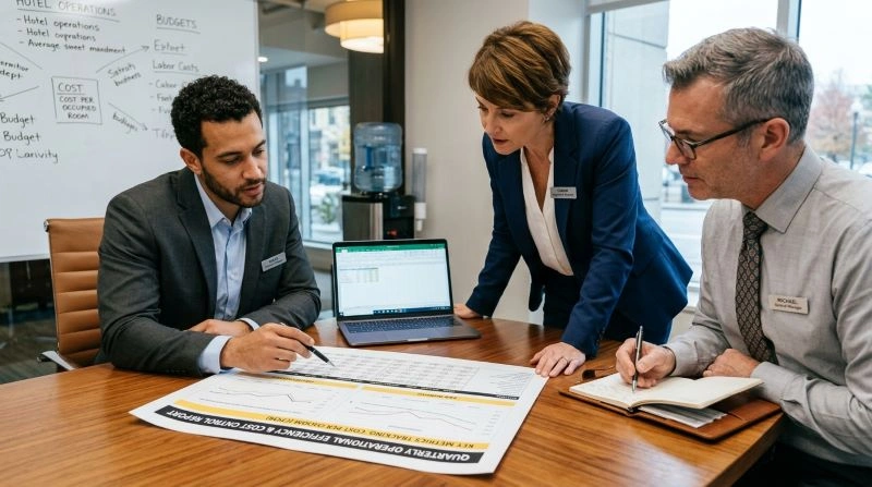 A team of hotel revenue managers discussing hotel performance metrics and analyzing financial data, focusing on budget allocation and cost management strategies for hotel operations.