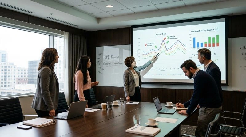 A hotel team reviewing the RevPAR (Revenue Per Available Room) trends on a large screen, with team members discussing adjustments to optimize hotel performance metrics for the upcoming quarter.