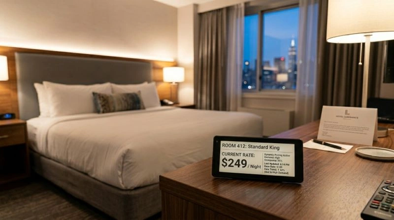 A close-up of a hotel room booking system displaying the current dynamic rate for a Standard King room, reflecting real-time hotel performance metrics to optimize pricing based on demand.