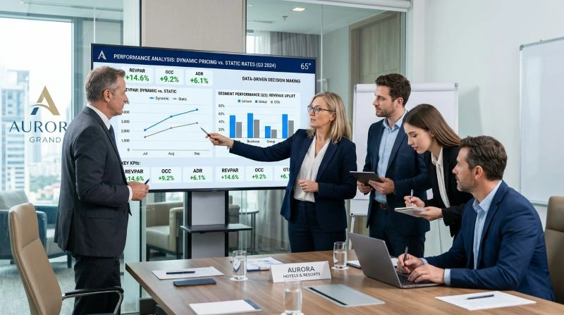 A team of hotel managers analyzing performance data on a screen, comparing dynamic pricing versus static rates and discussing the impact on hotel revenue and market competitiveness.