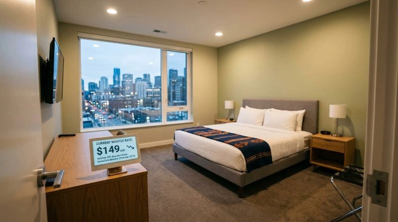 A hotel room with a display showing the current dynamic rate of $149 per night, reflecting the pricing model differences between dynamic rate vs static rate for room bookings.
