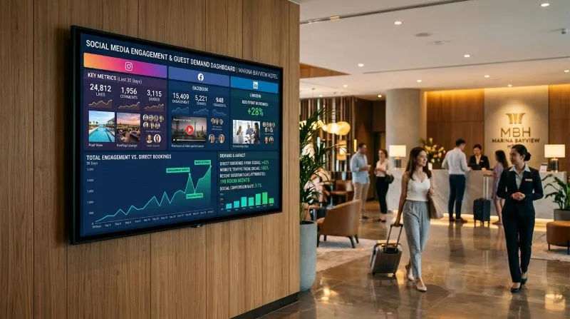 A large digital dashboard in the hotel lobby displaying key metrics such as hotel occupancy rate, guest engagement, and direct bookings, highlighting the hotel's performance in attracting and converting guests.