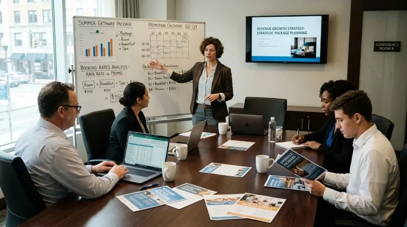 A team of hotel managers discussing strategies and analyzing booking rates, including occupancy rate data, to optimize revenue and promotional packages for the upcoming season.
