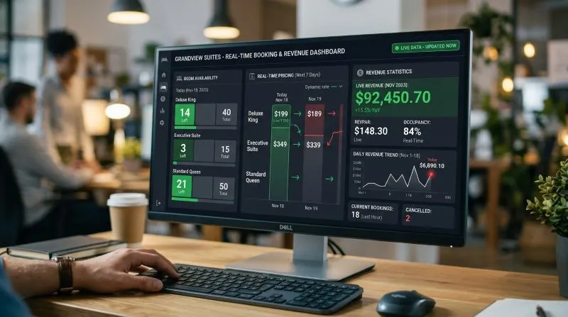 A real-time hotel revenue dashboard displaying booking availability, pricing, and revenue statistics, showing the hotel performance metrics for room types, occupancy, and revenue generation.