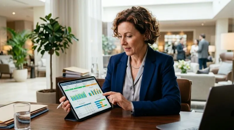 A professional woman reviewing hotel performance metrics on a tablet, analyzing key performance indicators and revenue trends in a hotel environment.