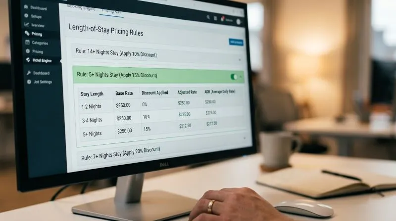 A close-up view of hotel pricing rules being applied for length-of-stay discounts, demonstrating how hotel performance metrics influence pricing strategies and revenue adjustments.