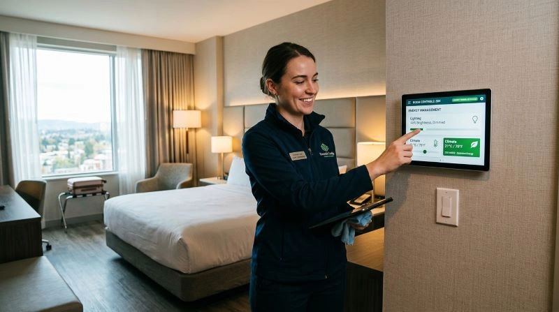 A hotel staff member interacting with a smart system to manage room settings, showcasing the integration of technology in the hotel industry trends for operational efficiency and guest experience enhancement.