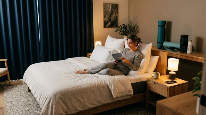 A guest relaxing in a hotel room, reflecting the growing trend in the hotel industry of providing comfortable and personalized experiences, with a focus on wellness and relaxation offerings for guests.