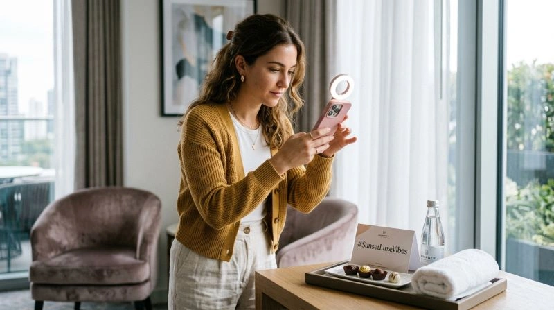 A hotel guest sharing their experience on social media, reflecting the latest hotel industry trends focused on social media engagement and influencer marketing to boost brand visibility and attract more guests.