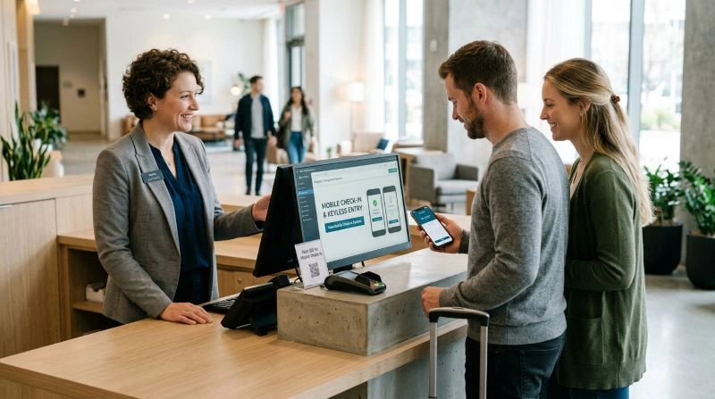 hotel receptionist assisting guests with mobile check-in during peak season, reflecting the industry's trend toward streamlined technology to manage the high guest volume during busy times.