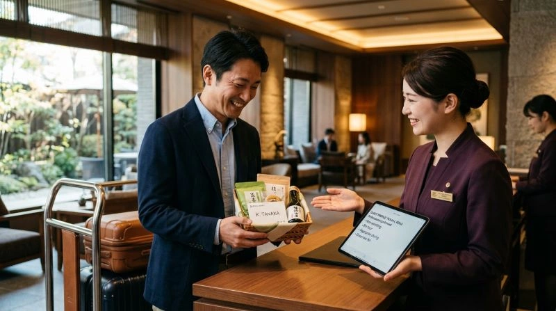 A hotel staff member offering personalized local gifts to a guest, showcasing customer service strategies designed to enhance the guest experience during peak season, making stays more memorable.