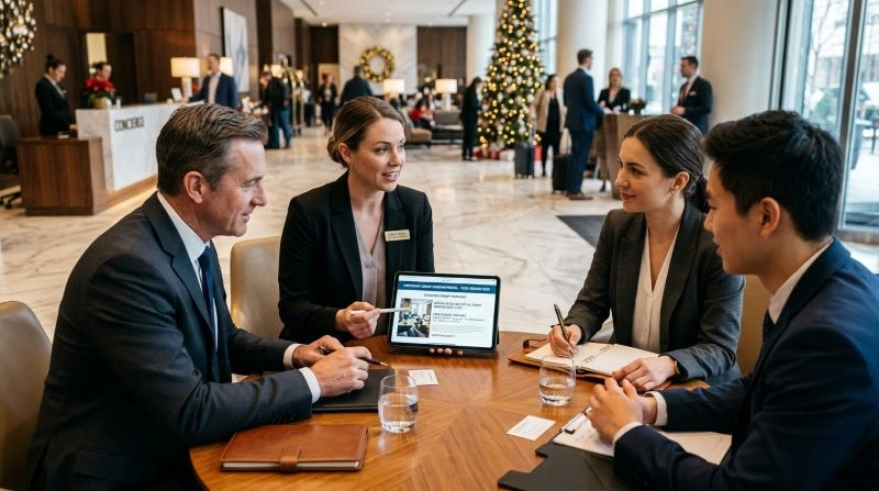 A team of hotel managers discussing strategies for the upcoming hotel peak season, analyzing trends and preparing promotional packages to maximize bookings and revenue during high-demand periods.