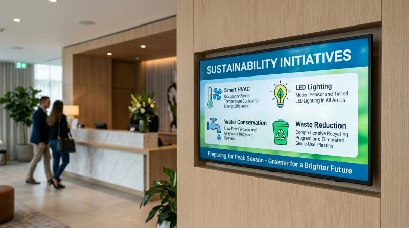 A hotel lobby digital screen highlighting sustainability initiatives as part of peak season preparations, demonstrating how eco-friendly measures are integrated into hotel operations to appeal to conscientious guests during busy periods.