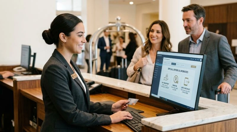 A hotel receptionist engaging with guests at the front desk, offering special room upgrades and pricing, aligning with the hotel's revenue strategy to enhance guest experience and increase revenue.