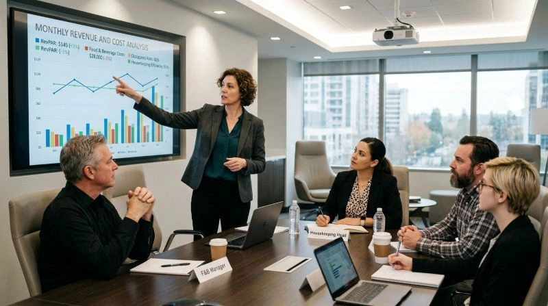 A revenue manager using a dynamic pricing engine on a computer to analyze market trends, forecasts, and pricing strategies, implementing the hotel's revenue strategy for optimal pricing and profitability.