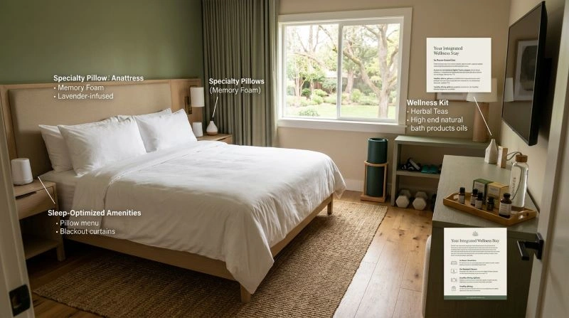 A hotel room equipped with wellness amenities and features, reflecting the hotelโs revenue strategy of offering unique value-added services to enhance guest satisfaction and increase revenue per stay.