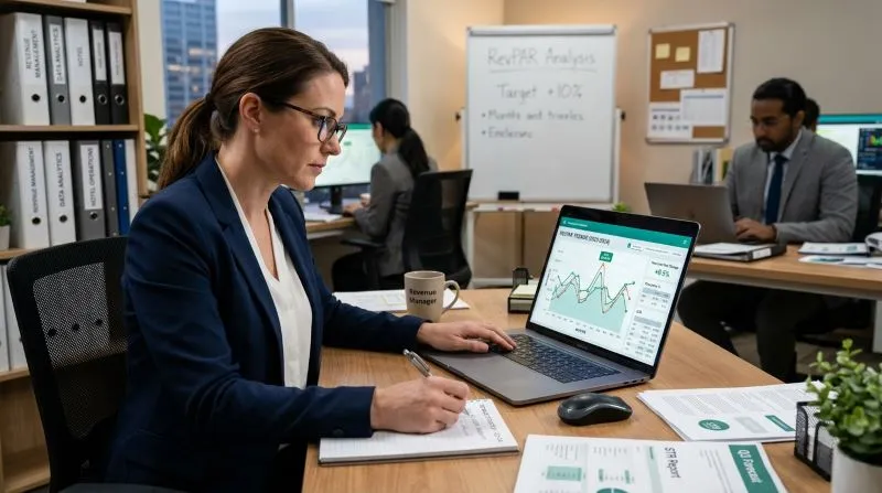 A hotel revenue manager analyzing the RevPAR (Revenue Per Available Room) data on a laptop, with a focus on tracking the hotel’s performance through RevPAR metrics and setting targets for improvement.