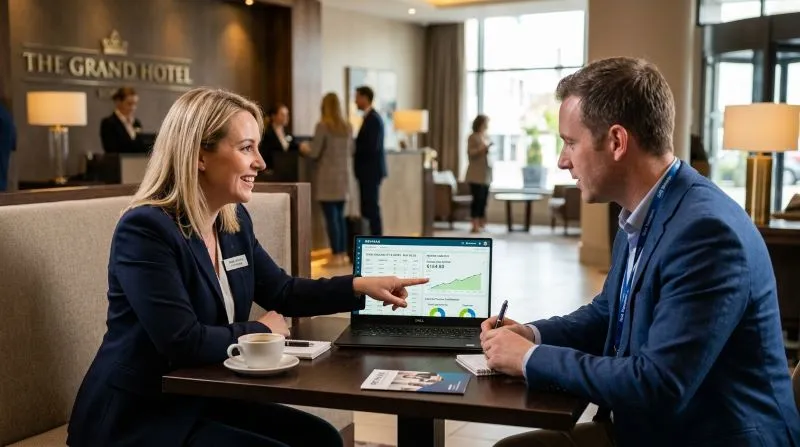 A hotel manager and client discussing RevPAR metrics on a laptop in a hotel lobby, examining the data trends and performance to make informed decisions on hotel revenue strategies.