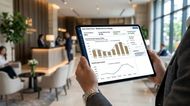 A hotel manager reviewing the weekly RevPAR strategy on a tablet in the hotel lobby, showcasing detailed graphs and revenue insights to optimize hotel performance.